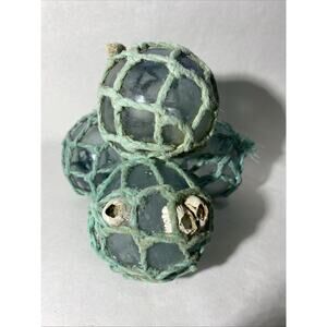 Vintage Japanese Glass Fishing Floats Orbs with Netting & Barnacles! 4 pc